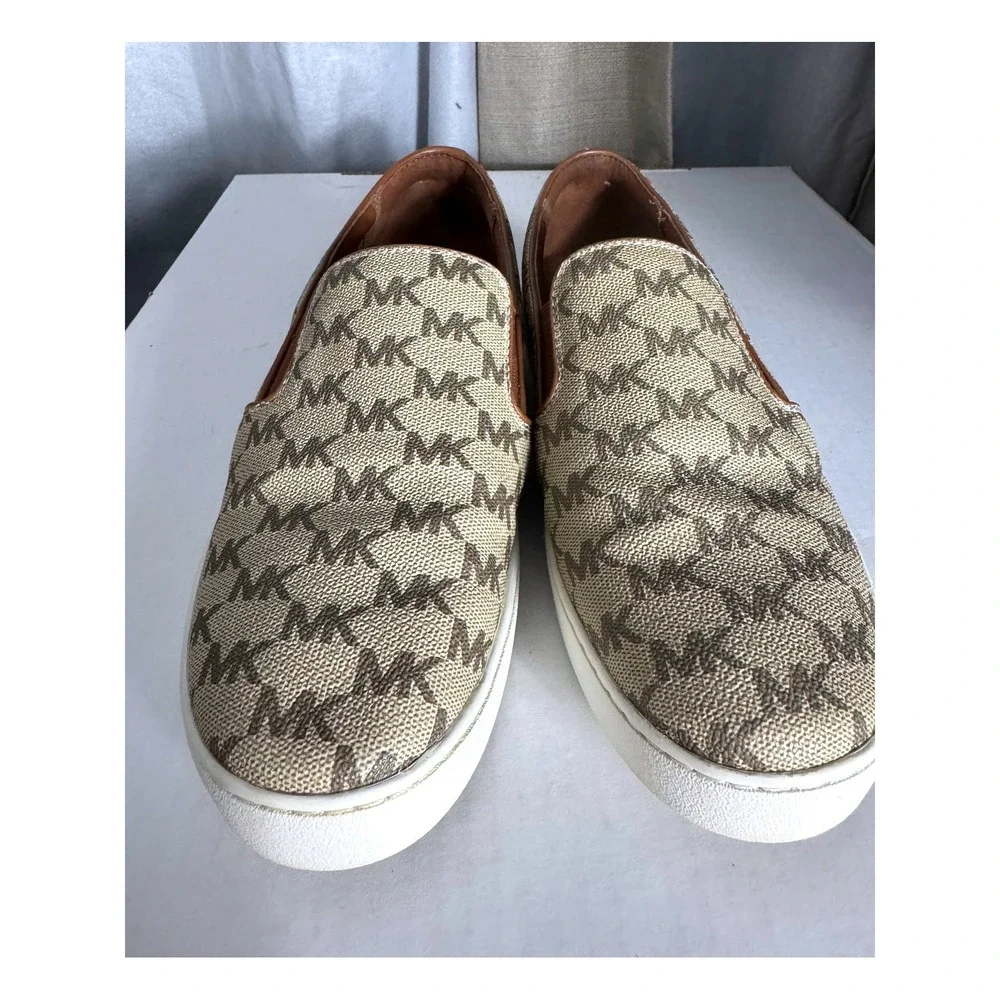 Michael Kors Womens MK Signature Logo Slip On Sneakers Tan Brown Sz 9